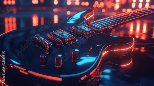 Neon-lit electric guitar on reflective surface, concert backdrop