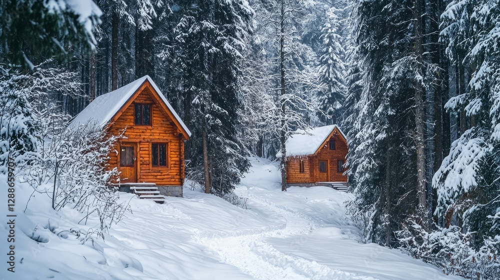 Cozy Wooden Cabins Surrounded by Snowy Winter Forest Landscape Cozy Wooden Cabins Surrounded by Snowy Winter Forest Landscape