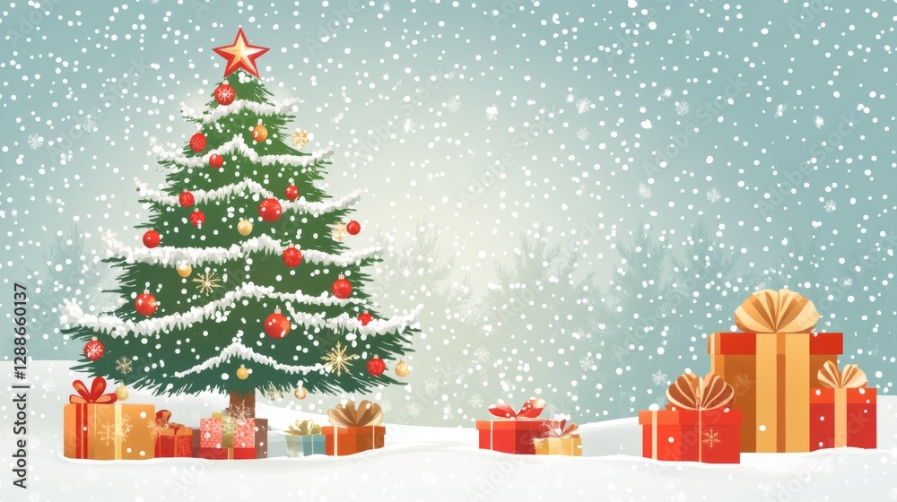 Fototapeta premium Christmas tree with gifts in snowy winter wonderland