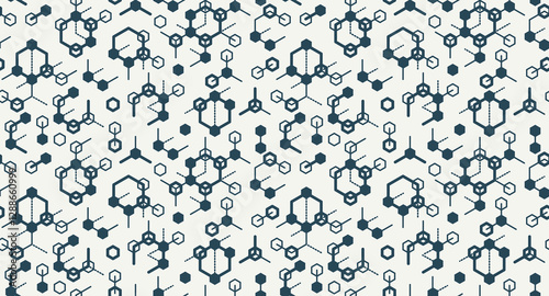 Molecules seamless background, vector tiling endless repeat pattern with different molecules, chemistry and pharmacology theme, elements easy to use separately as an icons or illustrations.