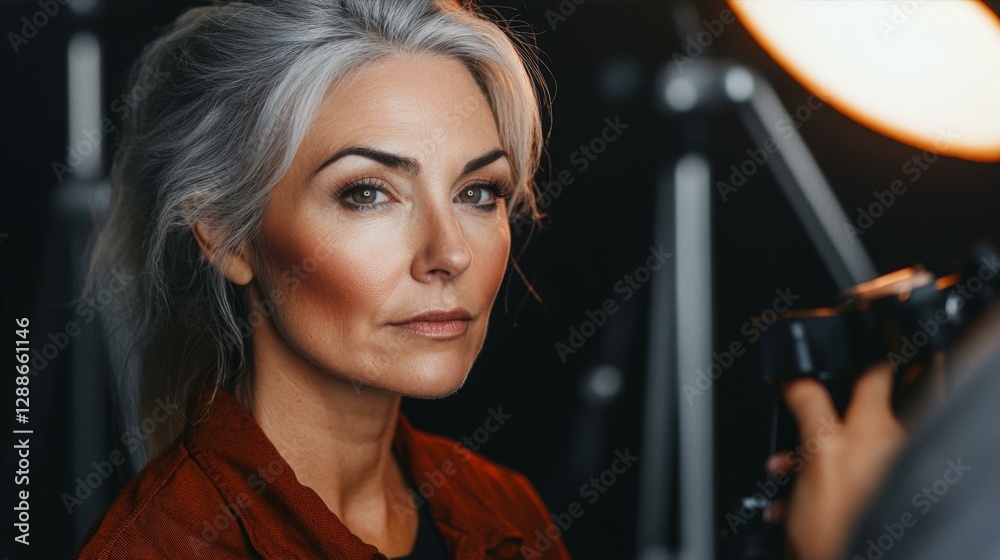 Elegant Gray Haired Woman During Photoshoot With Camera and Lighting Equipment in Studio Setting Elegant Gray Haired Woman During Photoshoot With Camera and Lighting Equipment in Studio Setting