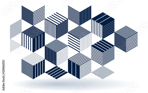 Isometric 3D cubes vector abstract background, geometric abstraction art modern architecture city buildings theme, cubic shapes and forms composition lowpoly style.