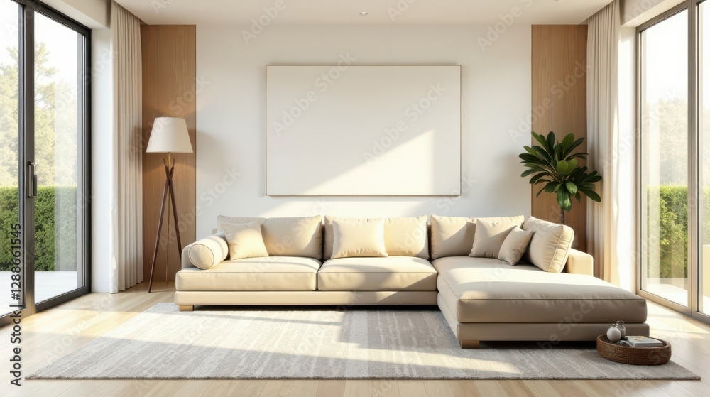 Fototapeta premium Modern Sectional Sofa in Sunlit Living Room with Large Blank Canvas Above