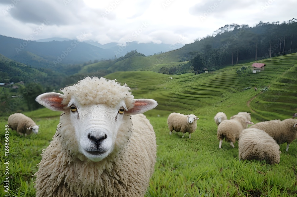 Cotton Balls Alive with fluffy fur like clouds, Sheep in Cameron Highlands run around, occasionally turning around with their round, cute eyes Cotton Balls Alive with fluffy fur like clouds, Sheep in Cameron Highlands run around, occasionally turning around with their round, cute eyes