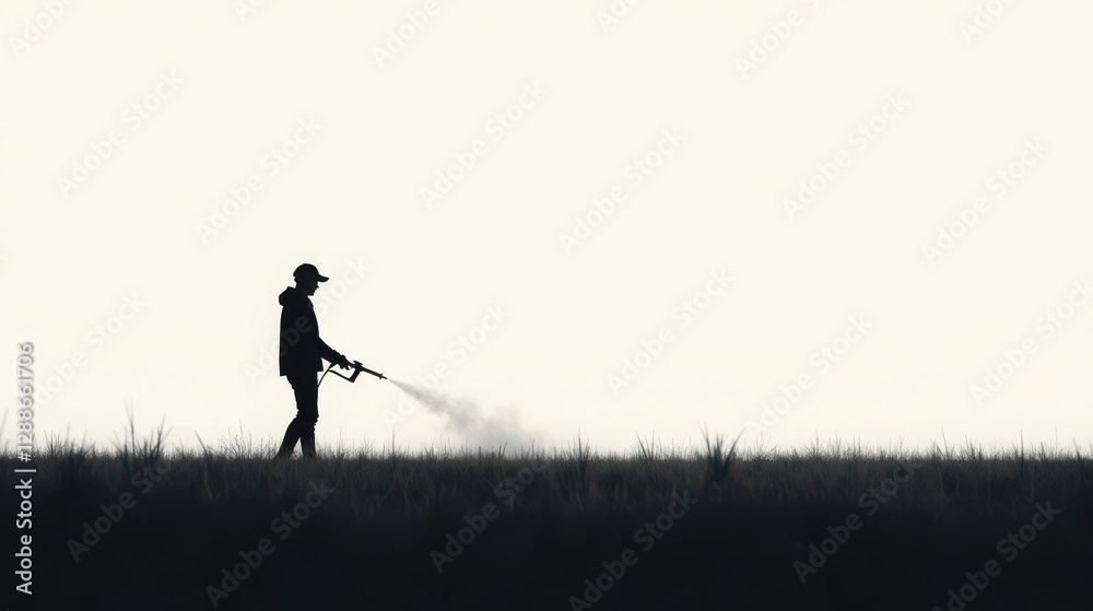 Silhouette of a person operating a spraying device in a grassy field under a bright sky Silhouette of a person operating a spraying device in a grassy field under a bright sky