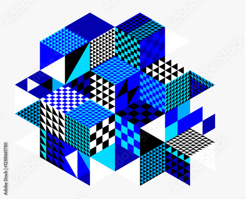 Fototapeta Naklejka Na Ścianę i Meble -  Blue vector abstract geometric background with cubes and different rhythmic shapes, isometric 3D abstraction art displaying city buildings forms look like, op art.