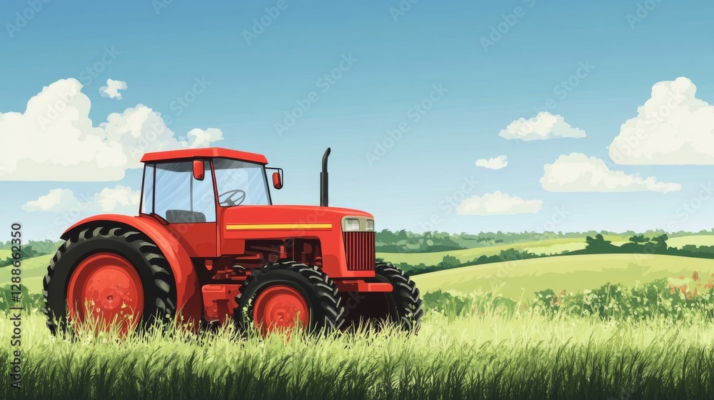 Red tractor in sunny countryside field with blue sky and clouds Red tractor in sunny countryside field with blue sky and clouds