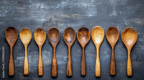 Wooden Spoons Arranged in a Row on Dark Rustic Background