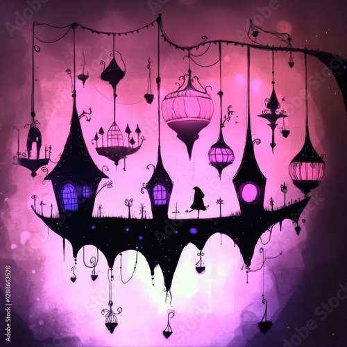 Fantastical Hanging Structures with Silhouetted Figures in Dreamy Ambiance Mystical Architecture