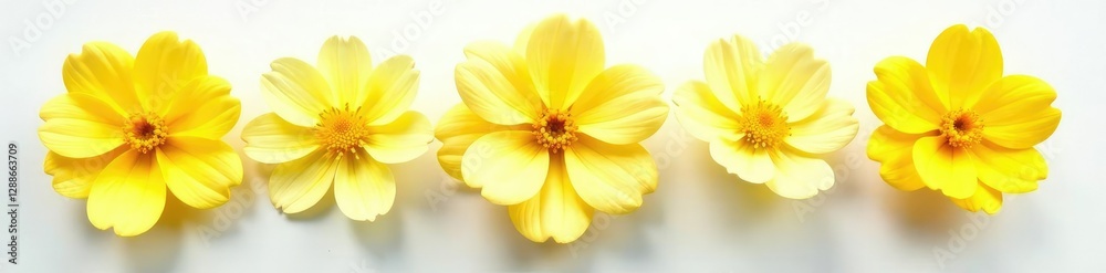 Obraz premium Delicate, drooping petals on a white background, delicate, marsh marigolds, yellow