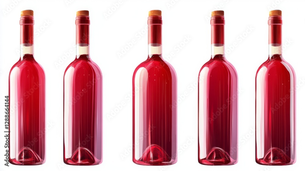 Row of five red wine bottles with corks on white background