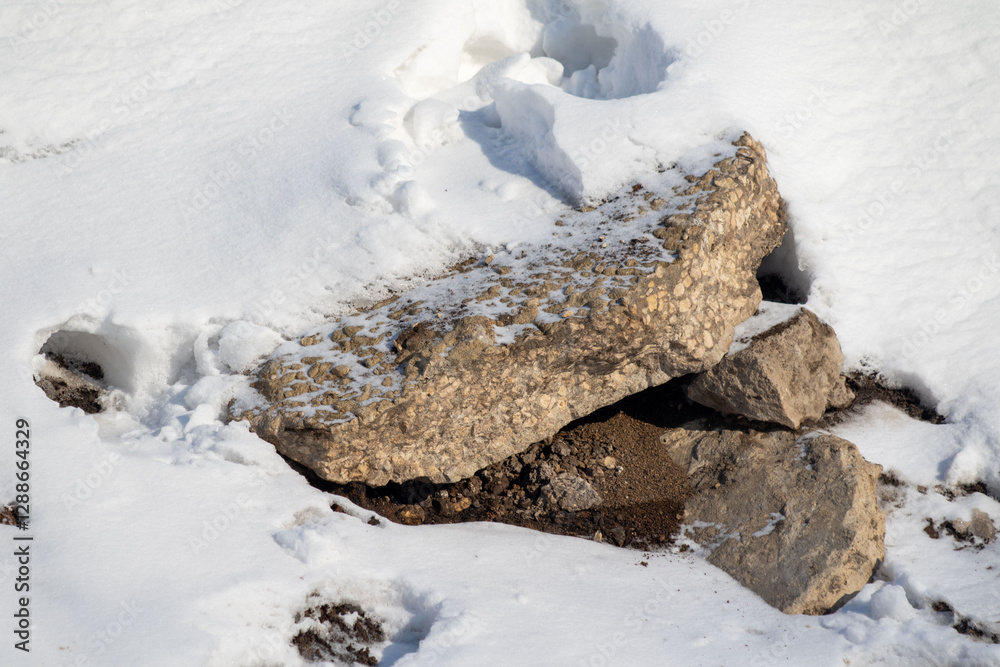 A rock is sitting in the snow A rock is sitting in the snow