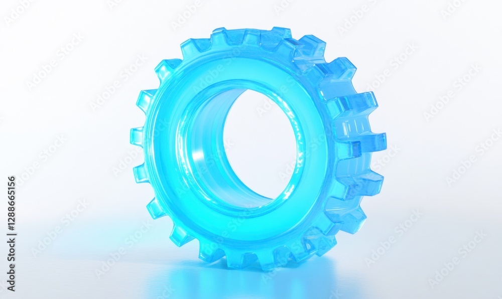 Transparent blue gear on a white background, showcasing its intricate design and structure Transparent blue gear on a white background, showcasing its intricate design and structure