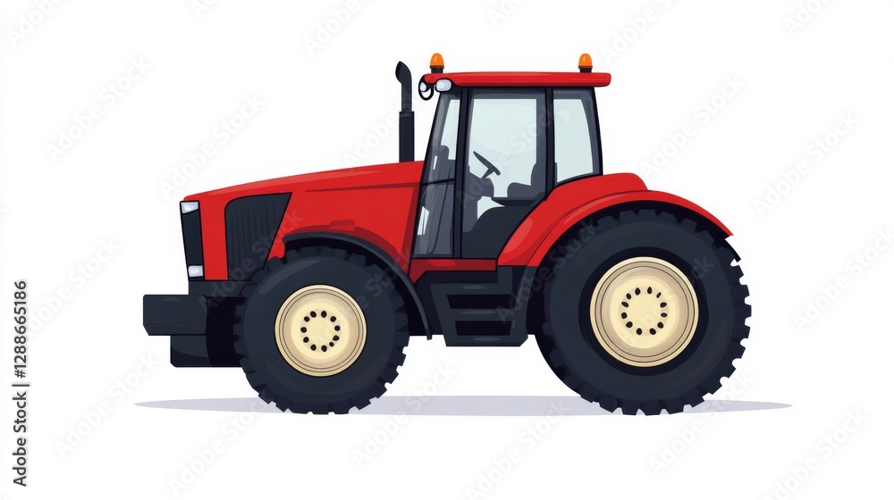 Red agricultural tractor with large tires and two orange lights on white background Red agricultural tractor with large tires and two orange lights on white background