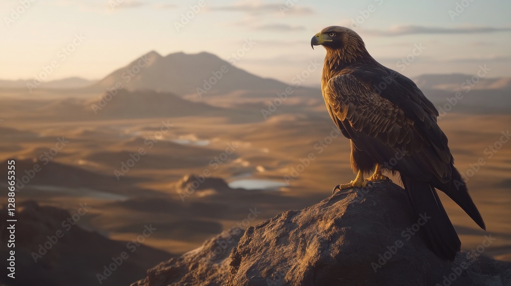 Fototapeta premium Golden Eagle perched on mountain peak, desert sunset landscape, wildlife documentary
