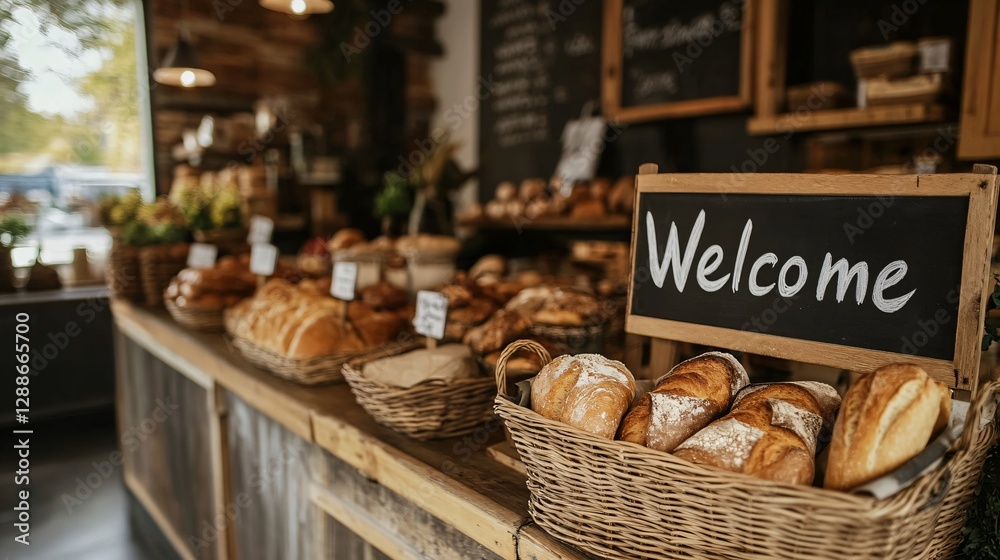 Charming Local Bakery Counter Featuring Freshly Baked Bread with a Heartfelt 'Welcome' Sign Charming Local Bakery Counter Featuring Freshly Baked Bread with a Heartfelt 'Welcome' Sign