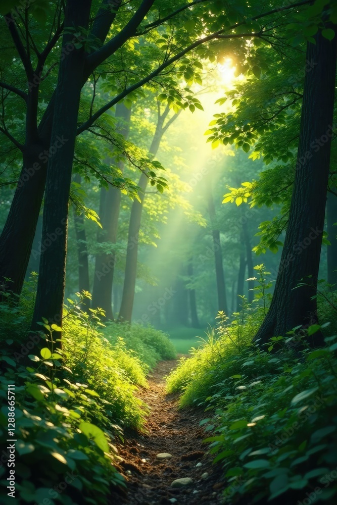 Naklejka premium Dense foliage obstructs sunlight in a shaded clearing, nature, vegetation