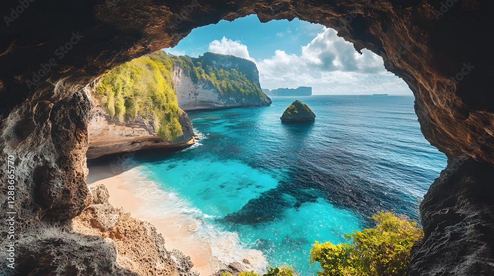 Obraz premium A travel blog featuring breathtaking photography of a stunning beach view from a cave surrounded by natural beauty and serenity at sunset 
