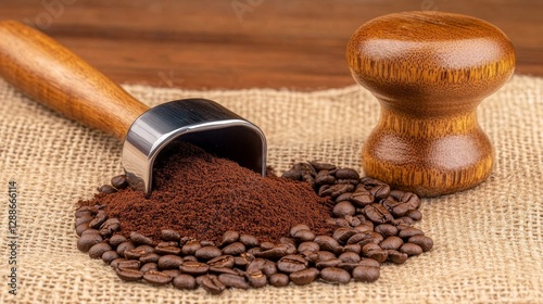 Close-up of ground coffee and beans with a wooden tamper on burlap, showcasing coffee preparation photo