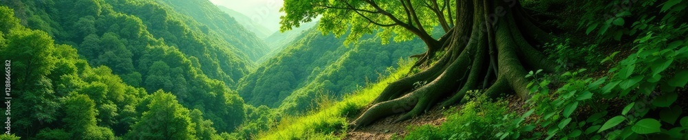 Dense foliage surrounds steep hillside with twisted tree trunks, trees, green, hills Dense foliage surrounds steep hillside with twisted tree trunks, trees, green, hills