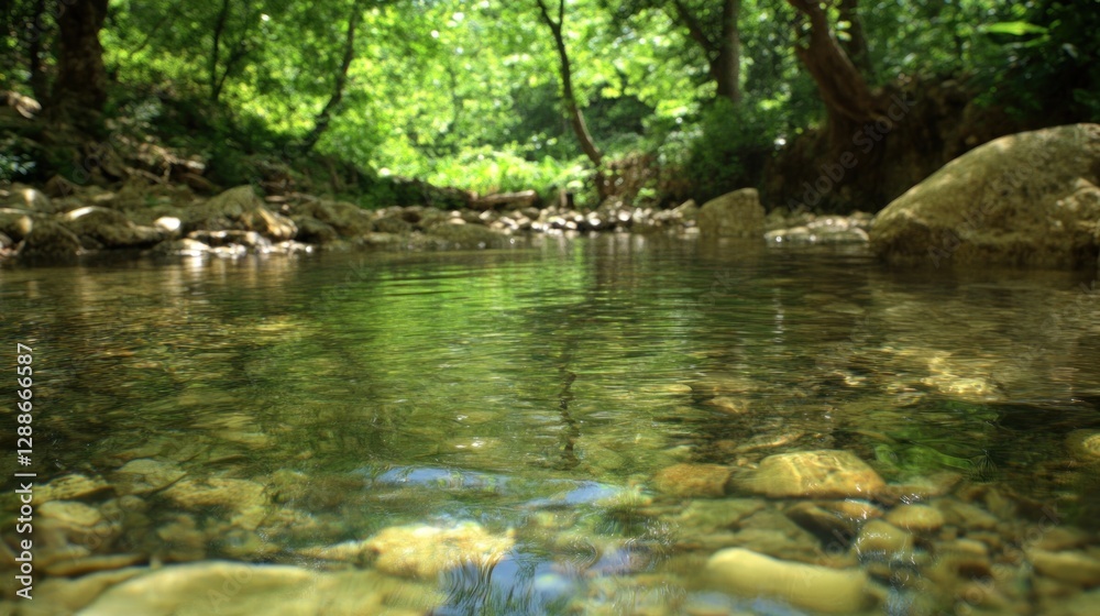 Tranquil creek flows through lush forest, sunlight dappled, rocks visible underwater; nature scene Tranquil creek flows through lush forest, sunlight dappled, rocks visible underwater; nature scene