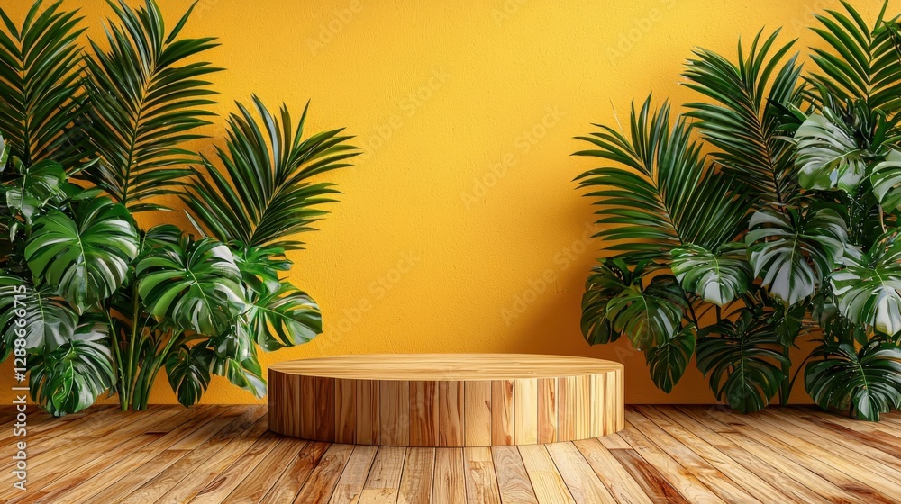 Fototapeta premium Tropical Indoor Scene with Wooden Podium Surrounded by Lush Green Plants
