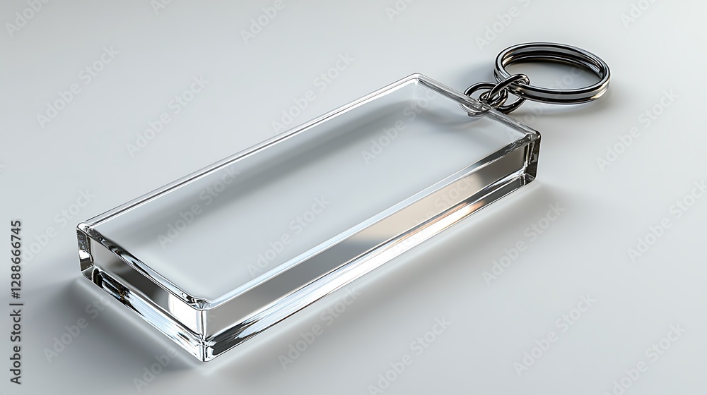 Photorealistic image of an acrylic keychain, rectangular in shape with rounded edges and a silver metal ring at the top, on a white background, Photorealistic image of an acrylic keychain, rectangular in shape with rounded edges and a silver metal ring at the top, on a white background,