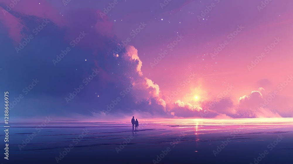 Fantasy-inspired abstract sky with a blend of purples and blues, dotted with soft glowing stars and wispy clouds Fantasy-inspired abstract sky with a blend of purples and blues, dotted with soft glowing stars and wispy clouds
