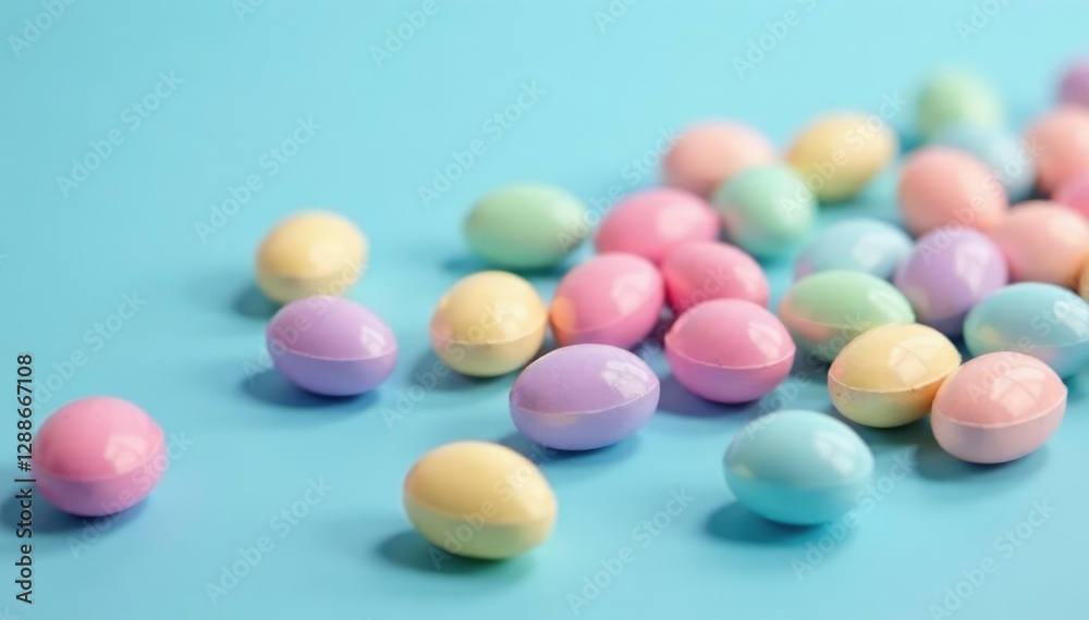 Gelatinous spheres on blue background, pastel colors, supplement, pastel, medication Gelatinous spheres on blue background, pastel colors, supplement, pastel, medication