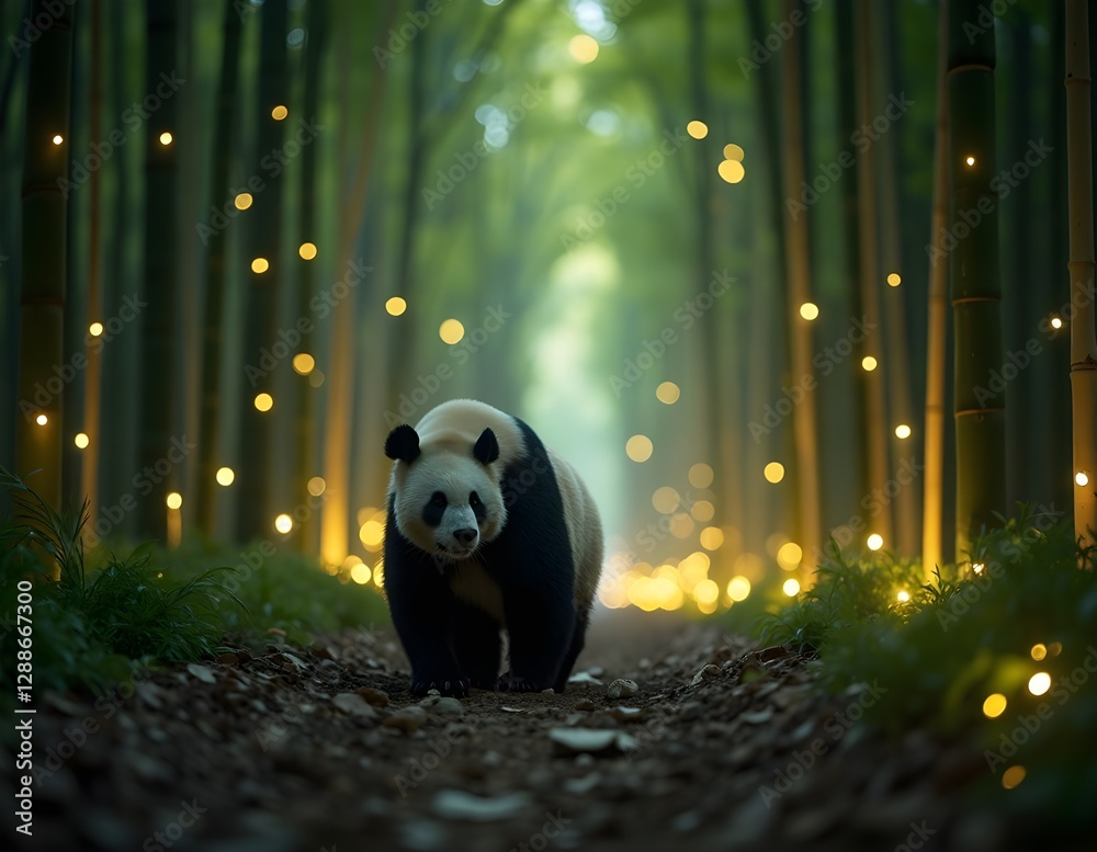 A panda bear with contrasting black and white fur sits under a lush bamboo tree, enjoying the fresh leaves, with the sun shining through the gaps in the leaves A panda bear with contrasting black and white fur sits under a lush bamboo tree, enjoying the fresh leaves, with the sun shining through the gaps in the leaves