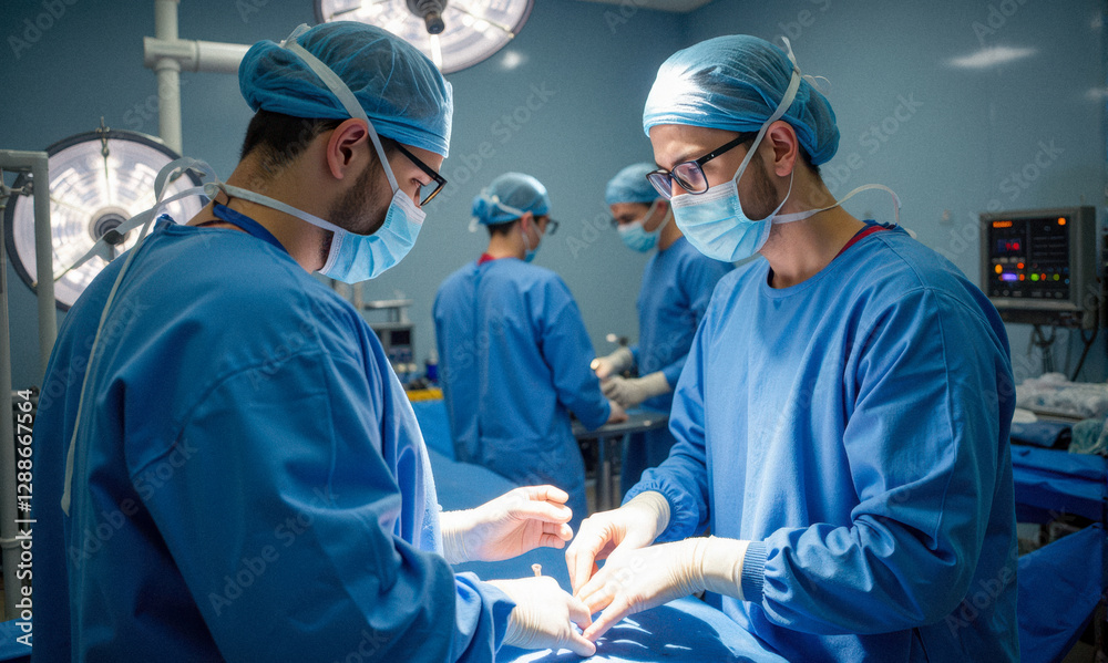 Surgery team in sterile blue gowns working in operating room, focused medical professionals wearing masks and gloves, advanced equipment visible in background. Surgery team in sterile blue gowns working in operating room, focused medical professionals wearing masks and gloves, advanced equipment visible in background.