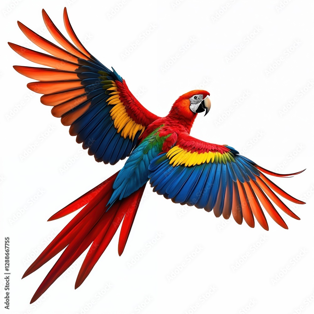Obraz premium Colorful parrot flies isolated on transparent white background. Scarlet macaw in flight shows vibrant feathers. Detailed wings, red plumage make wild bird ideal for cut-out design elements.