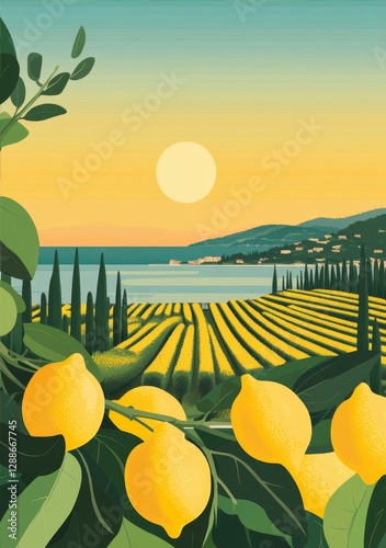 Sunlit Lemon Orchard at Golden Hour Coastline Vista