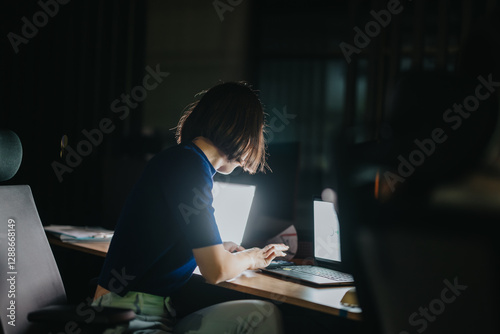 Focused person working late at night in an office, illuminated by a laptop screen. This image captures the dedication, concentration, and professional commitment involved in meeting project deadlines.