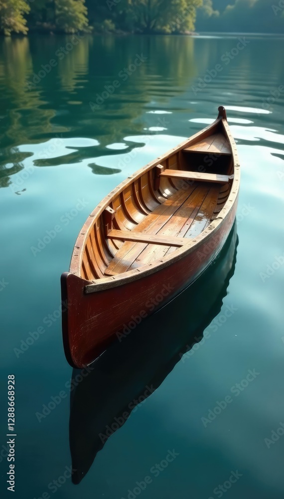 Gentle ripples disturb wooden canoe on still surface, stillness, serenity Gentle ripples disturb wooden canoe on still surface, stillness, serenity