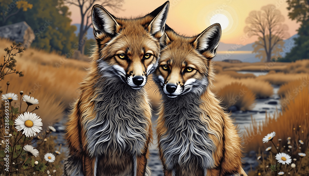Fototapeta premium Coyotes gazing peacefully in golden field at sunset