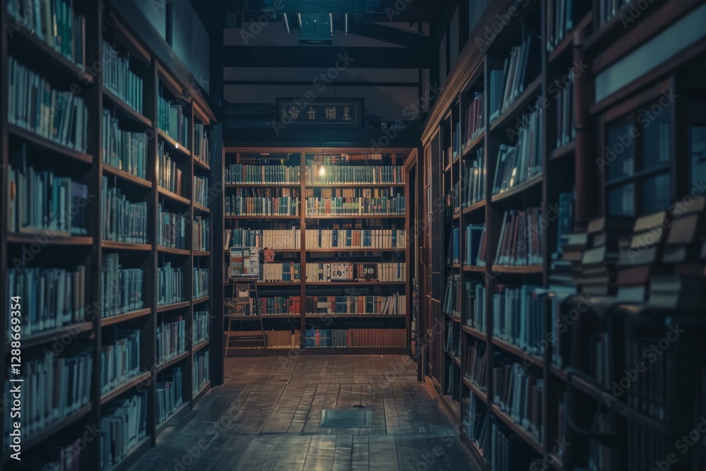 Serene Interior of a Library with Bookshelves Aligned in Rows and Wooden Floor leading Deeper inside Serene Interior of a Library with Bookshelves Aligned in Rows and Wooden Floor leading Deeper inside