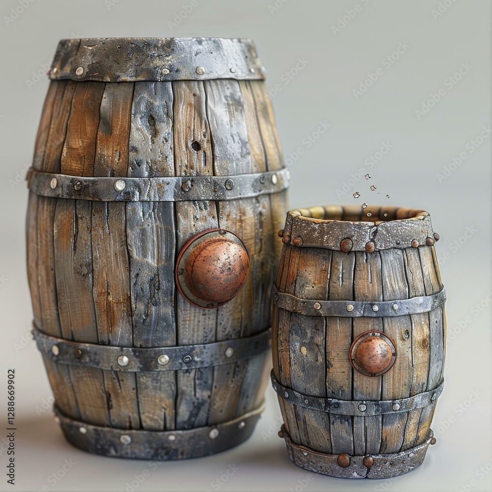 Fototapeta premium Two Weathered Wooden Barrels A Rustic Still Life Composition with Vintage Containers and Aged Detail