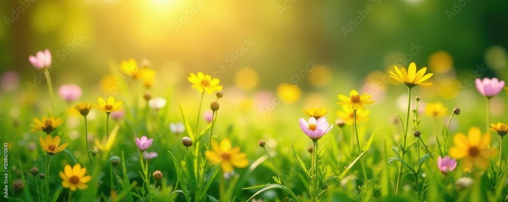 Obraz premium Meadow with yellow and pink flowers swaying gently in the morning dew, meadow, dewy,