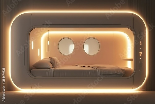 Efficient capsule hotel room setup with a sliding door and ambient lighting, compact contemporary bedroom with round windows, built-in lighting, designed for solo travelers
