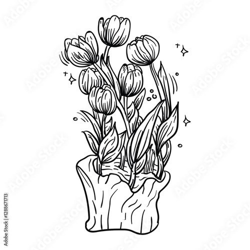 Hand drawing style of flower in pot vector. It is suitable for plant or flower icon, sign or symbol.