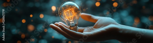 Futuristic hand interacting with glowing lightbulb, symbolic of new ideas, digital energy flow, sleek background, ultrarealistic, 8K resolution, dramatic lighting effects