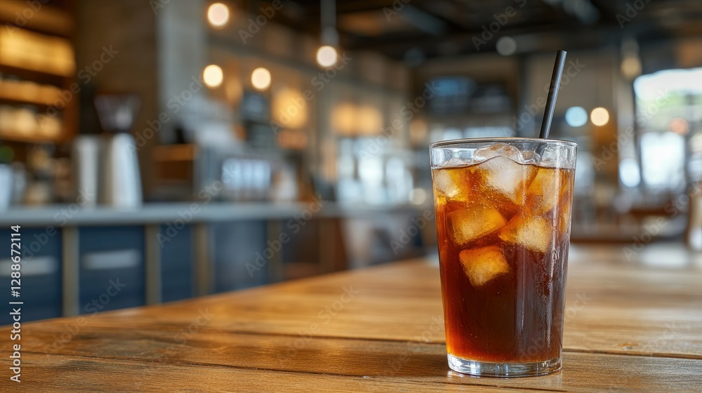 Refreshing iced Americano in a glass with a syrup drizzle, ice cubes floating inside, served on a cafe table with a casual atmosphere Refreshing iced Americano in a glass with a syrup drizzle, ice cubes floating inside, served on a cafe table with a casual atmosphere