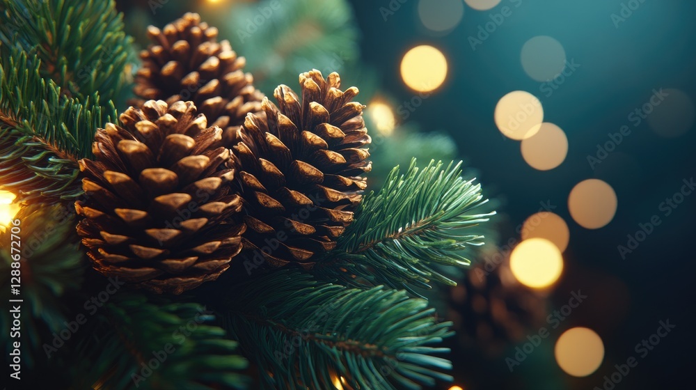 Festive pine cones on Christmas tree branch, bokeh lights, holiday card Festive pine cones on Christmas tree branch, bokeh lights, holiday card