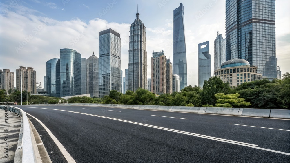 Empty asphalt road passing through the heart of a modern city amidst towering skyscrapers and office buildings, modern cityscape, empty road, concrete highway Empty asphalt road passing through the heart of a modern city amidst towering skyscrapers and office buildings, modern cityscape, empty road, concrete highway