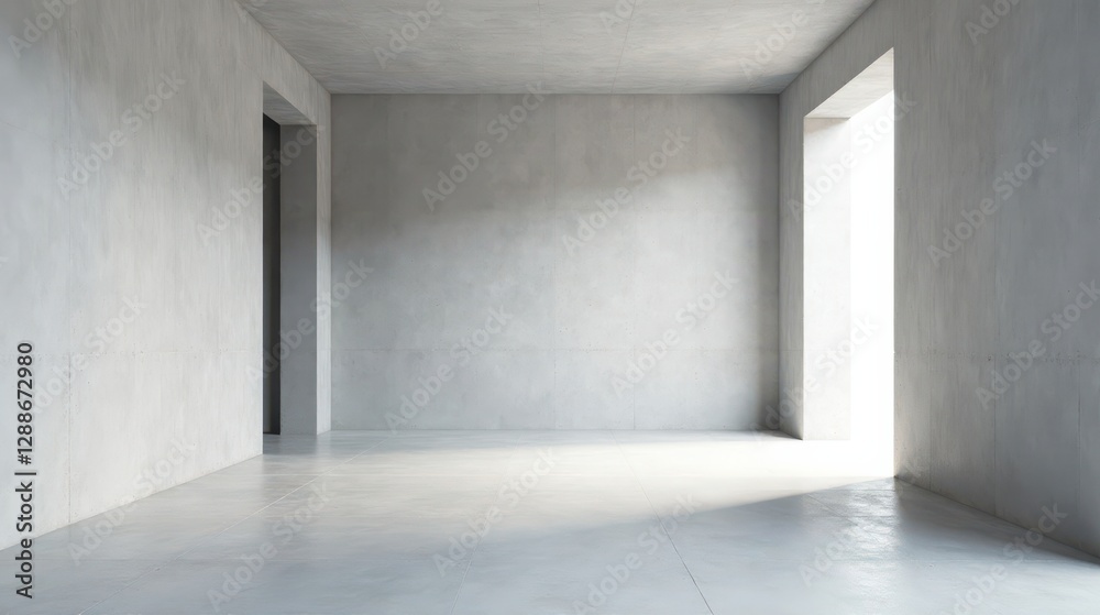 Empty industrial space with concrete walls and floor, featuring a bright light source through an opening Empty industrial space with concrete walls and floor, featuring a bright light source through an opening