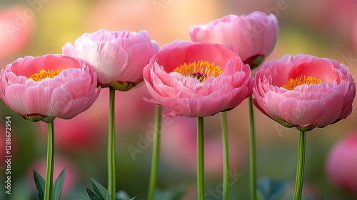 Pink Peonies in Bloom, Spring Garden