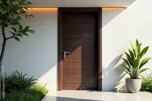 Modern Minimalist Entrance with Rich Wood Door and Lush Greenery