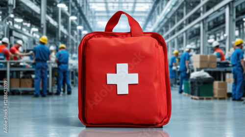 First aid kit visible with workers in factory setting, emphasizing safety
