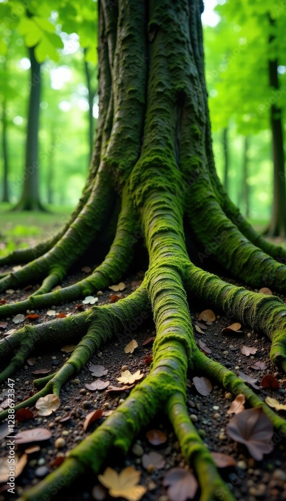 Fototapeta premium Roots of a tree spreading out across the ground, geology, forest floor, moss